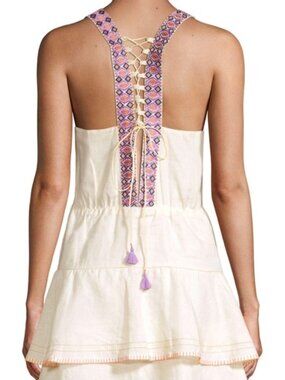 OndadeMar luxury resortwear linen mini dress tunic lace-up tassel ties back L